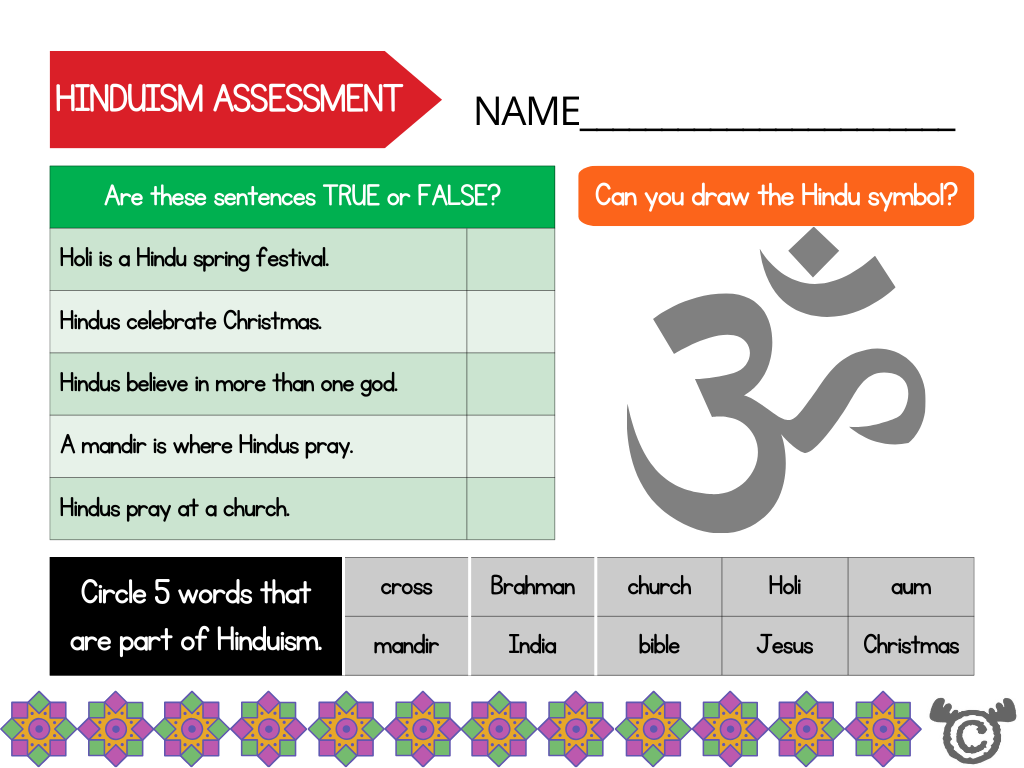 Assessment task from Introducing Hinduism RME pack, Early Level