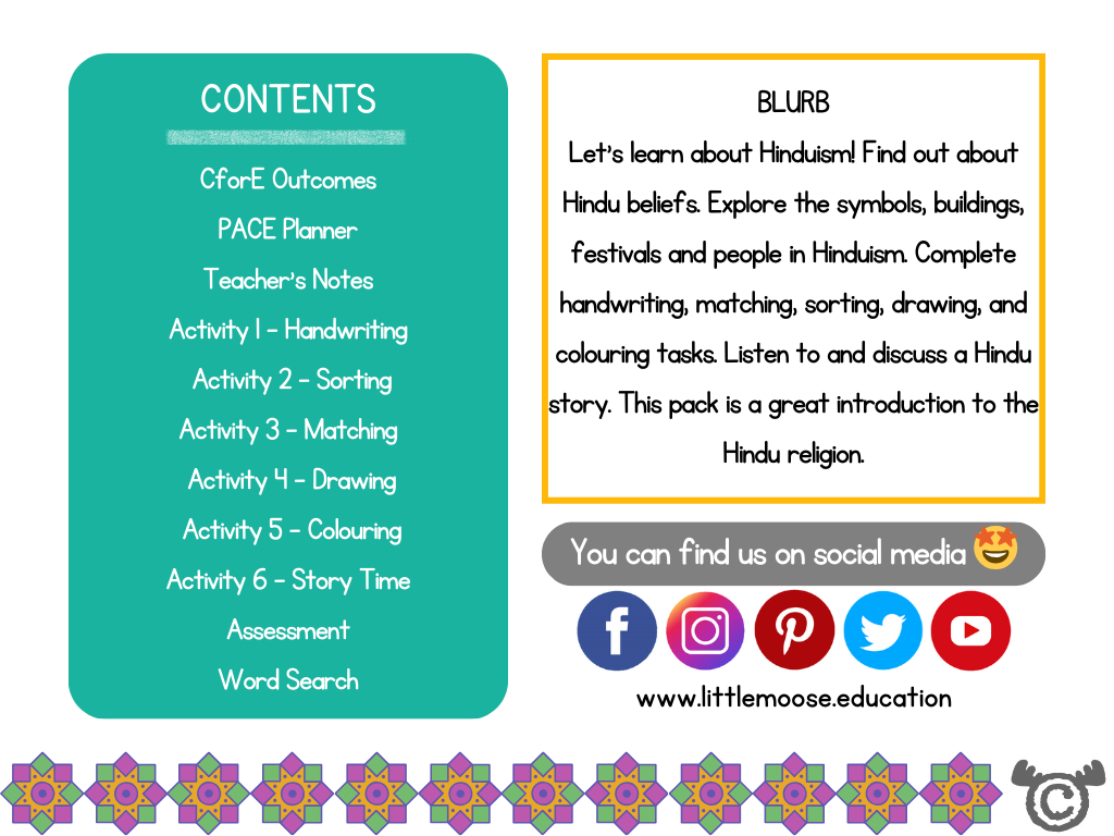 Contents page from Introducing Hinduism RME pack at Early Level