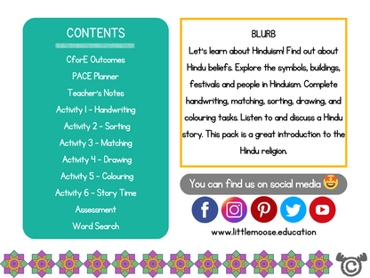 Contents page from Introducing Hinduism RME pack at Early Level