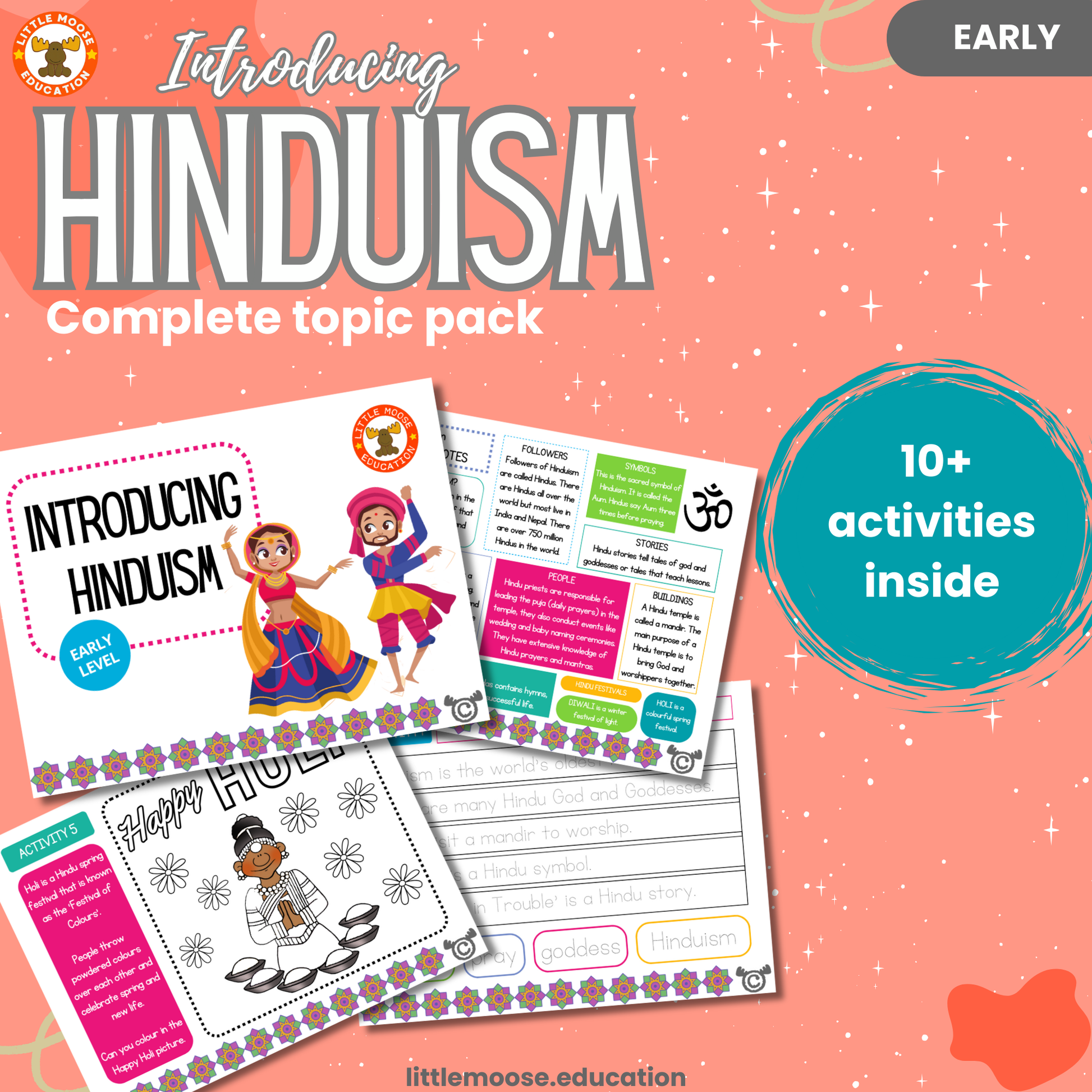 Introducing Hinduism complete digital topic pack for RME at Early Level, Curriculum for Excellence religion education resource with illustrated cover design and sample activity pages showing activities, colouring, story time, teacher’s notes, wordsearch, and assessment.