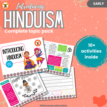 Introducing Hinduism complete digital topic pack for RME at Early Level, Curriculum for Excellence religion education resource with illustrated cover design and sample activity pages showing activities, colouring, story time, teacher’s notes, wordsearch, and assessment.