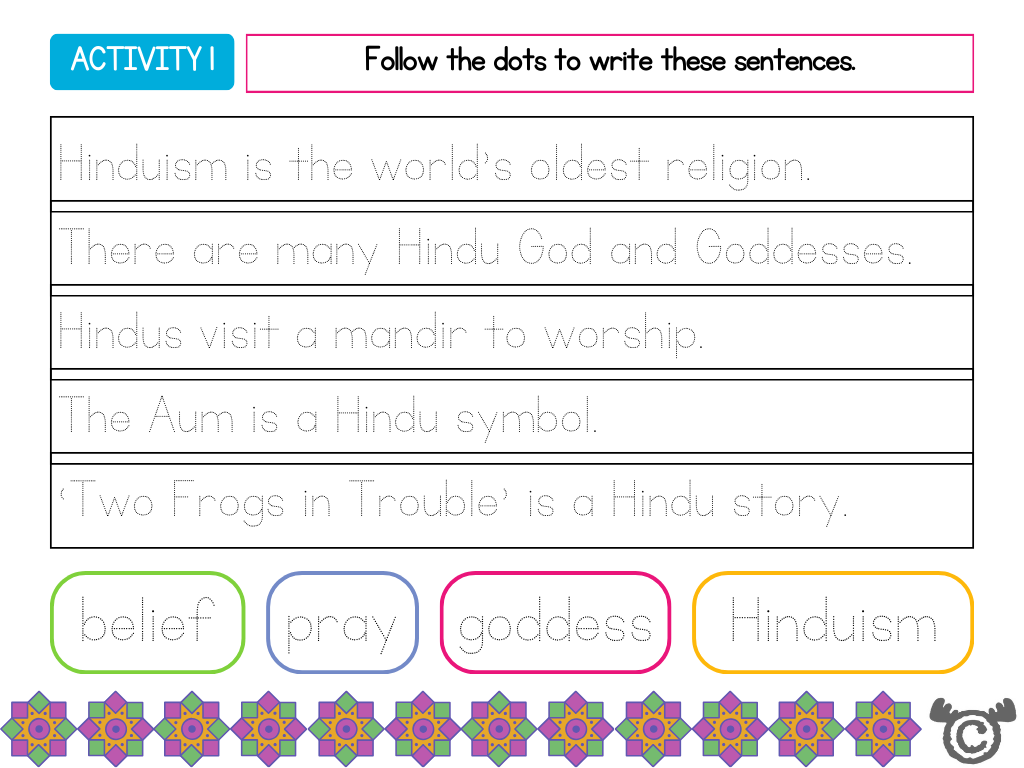 Handwriting activity from Introducing Hinduism RME pack, Early Level