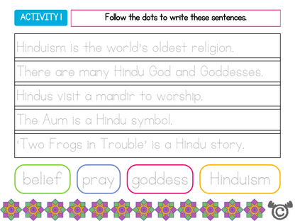 Handwriting activity from Introducing Hinduism RME pack, Early Level