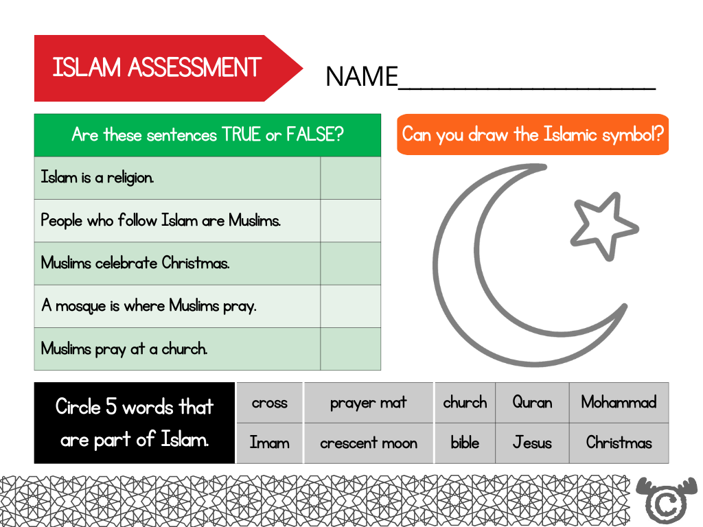 Assessment task from Introducing Islam RME pack, Early Level
