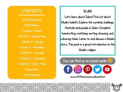 Contents page from Introducing Islam RME pack at Early Level