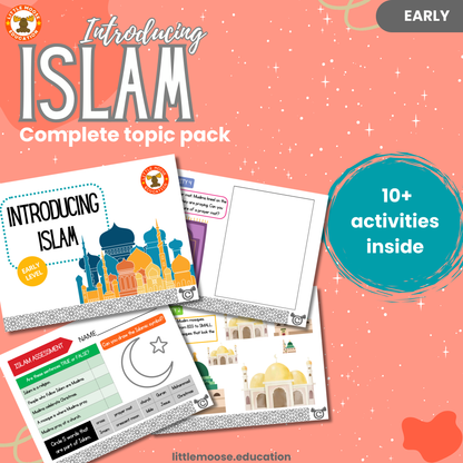 Introducing Islam complete digital topic pack for RME at Early Level, Curriculum for Excellence religion education resource with illustrated cover design and sample activity pages showing activities, colouring, story time, teacher’s notes, wordsearch, and assessment.