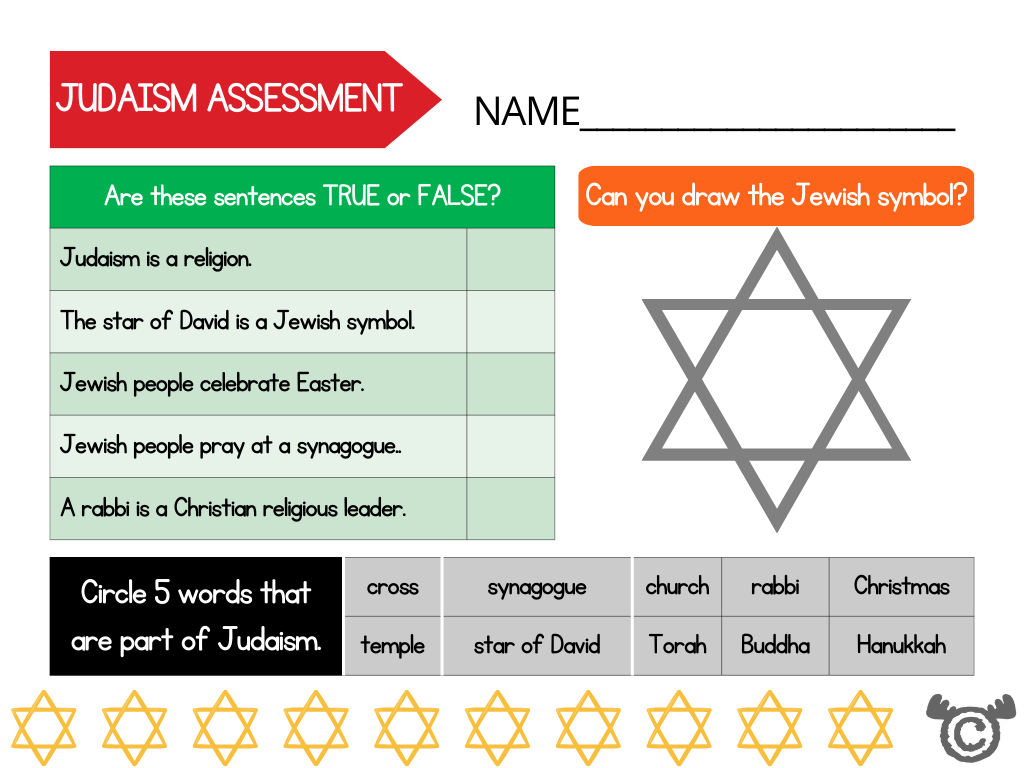 Assessment task from Introducing Judaism RME pack, Early Level