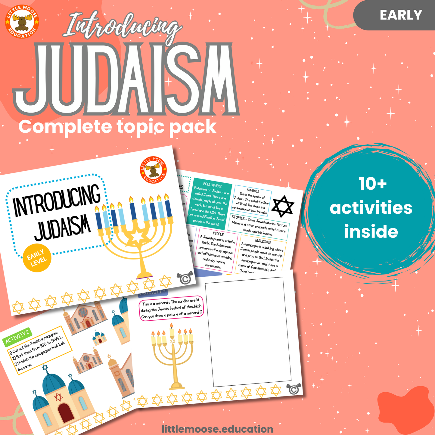 Introducing Judaism complete digital topic pack for RME at Early Level, Curriculum for Excellence religion education resource with illustrated cover design and sample activity pages showing activities, colouring, story time, teacher’s notes, wordsearch, and assessment.