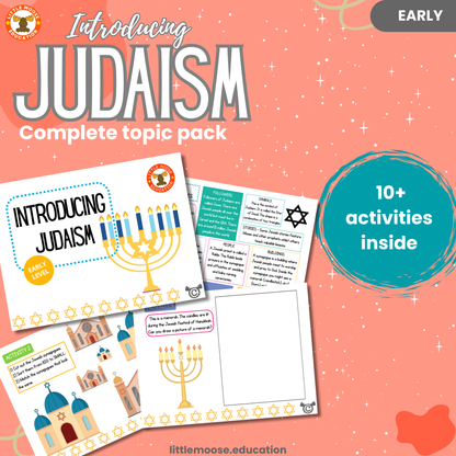 Introducing Judaism complete digital topic pack for RME at Early Level, Curriculum for Excellence religion education resource with illustrated cover design and sample activity pages showing activities, colouring, story time, teacher’s notes, wordsearch, and assessment.