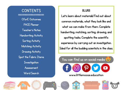 Contents page from Introducing Materials Science pack at Early Level