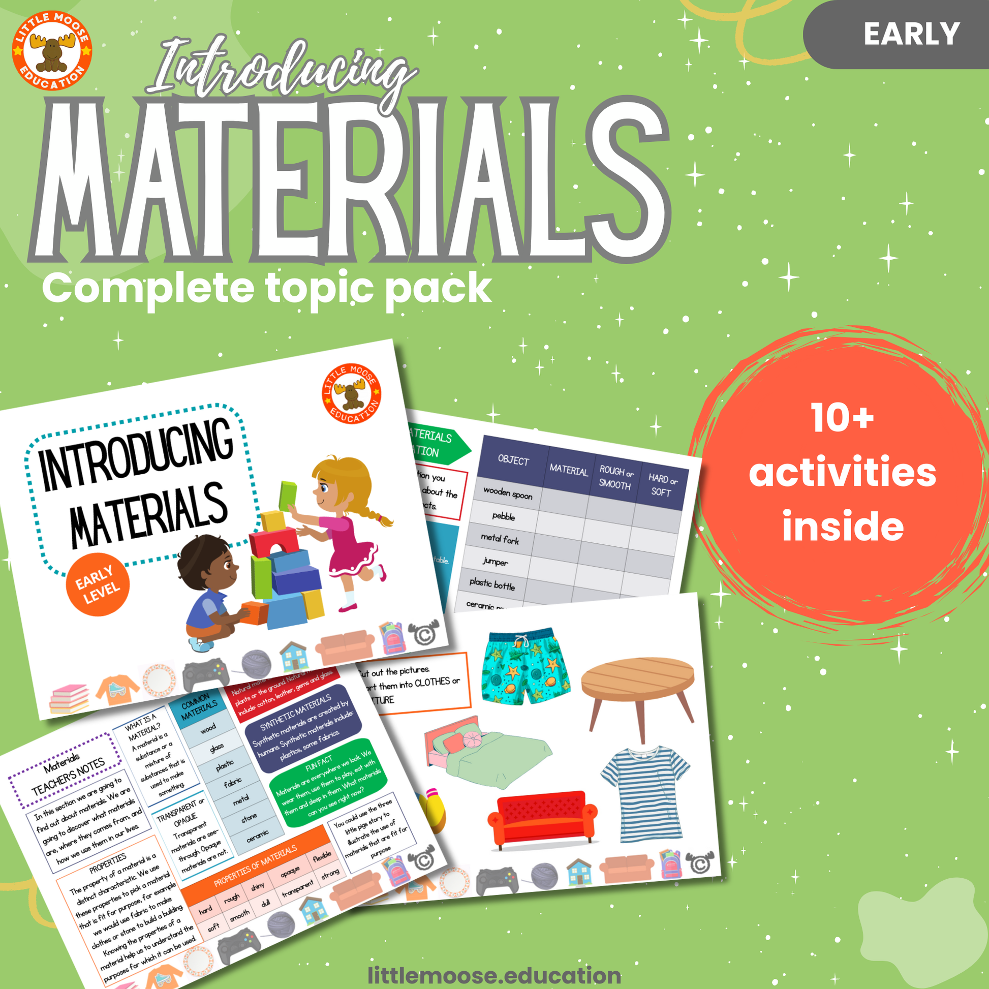 Introducing Forces complete digital topic pack for Science at Early Level, Curriculum for Excellence chemistry and STEM education resource, with illustrated cover design and sample activity pages showing activities, experiments, teacher’s notes, wordsearch, and assessment.