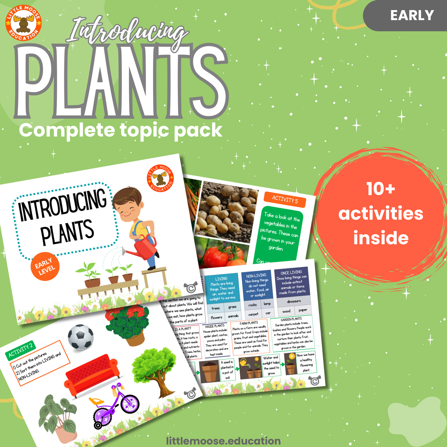 Introducing Plants complete digital topic pack for Science at Early Level, Curriculum for Excellence biology and STEM education resource, with illustrated cover design and sample activity pages showing activities, experiments, teacher’s notes, wordsearch, and assessment.