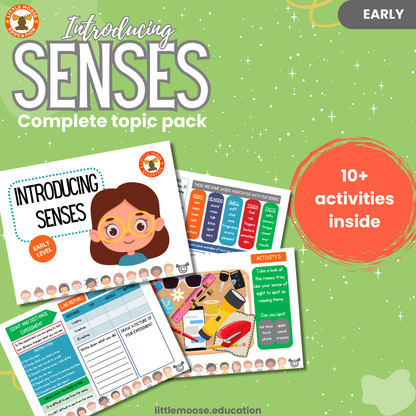 Introducing Senses complete digital topic pack for Science at Early Level, Curriculum for Excellence physics and STEM education resource, with illustrated cover design and sample activity pages showing activities, experiments, teacher’s notes, wordsearch, and assessment.