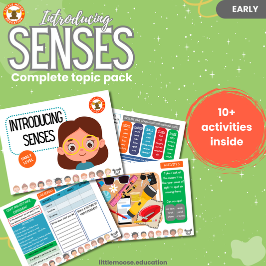 Introducing Senses complete digital topic pack for Science at Early Level, Curriculum for Excellence physics and STEM education resource, with illustrated cover design and sample activity pages showing activities, experiments, teacher’s notes, wordsearch, and assessment.