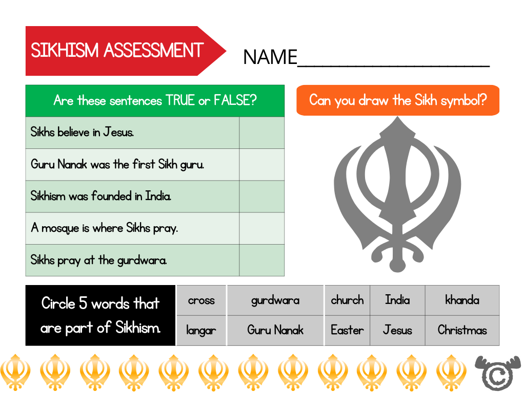 Assessment task from Introducing Sikhism RME pack, Early Level