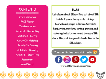 Contents page from Introducing Sikhism RME pack at Early Level