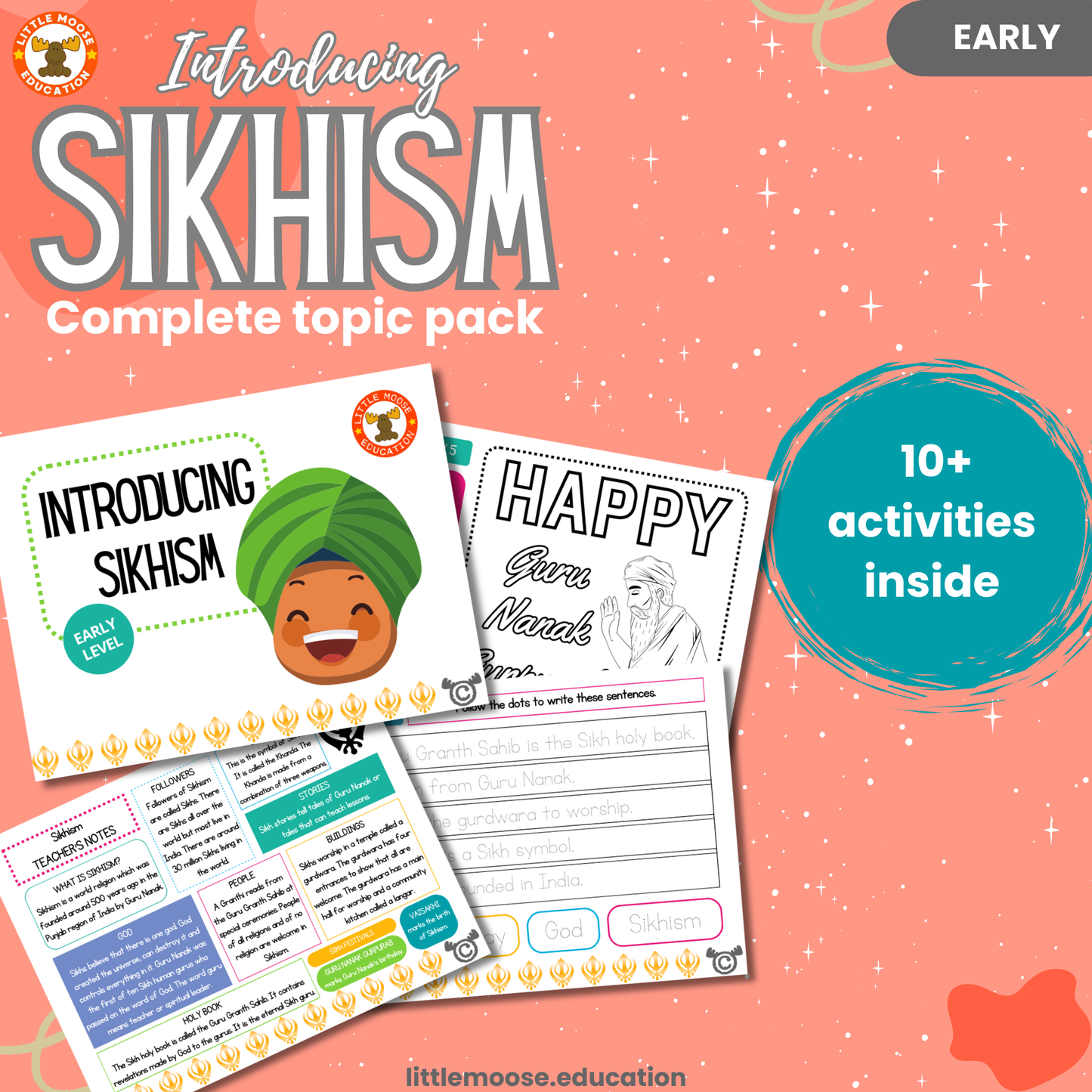 Introducing Sikhism complete digital topic pack for RME at Early Level, Curriculum for Excellence religion education resource with illustrated cover design and sample activity pages showing activities, colouring, story time, teacher’s notes, wordsearch, and assessment.