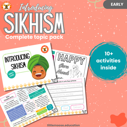 Introducing Sikhism complete digital topic pack for RME at Early Level, Curriculum for Excellence religion education resource with illustrated cover design and sample activity pages showing activities, colouring, story time, teacher’s notes, wordsearch, and assessment.