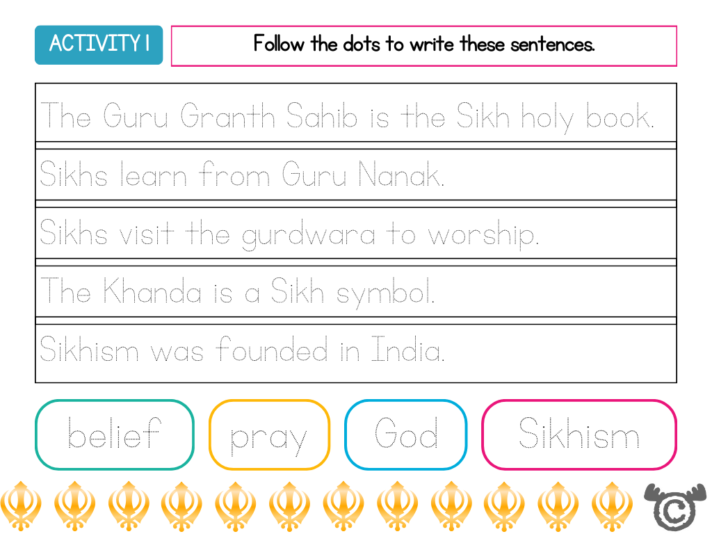 Handwriting activity from Introducing Sikhism RME pack, Early Level