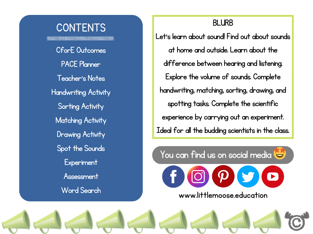 Contents page from Introducing Sound Science pack at Early Level