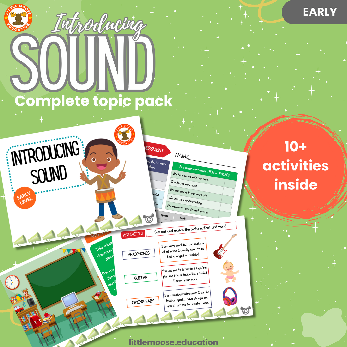 Introducing Sound complete digital topic pack for Science at Early Level, Curriculum for Excellence physics and STEM education resource, with illustrated cover design and sample activity pages showing activities, experiments, teacher’s notes, wordsearch, and assessment.