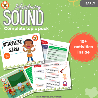 Introducing Sound complete digital topic pack for Science at Early Level, Curriculum for Excellence physics and STEM education resource, with illustrated cover design and sample activity pages showing activities, experiments, teacher’s notes, wordsearch, and assessment.