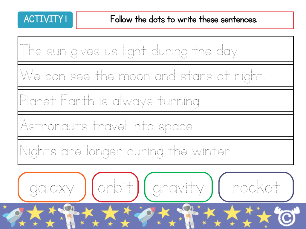 Handwriting activity from Introducing Space Science pack, Early Level