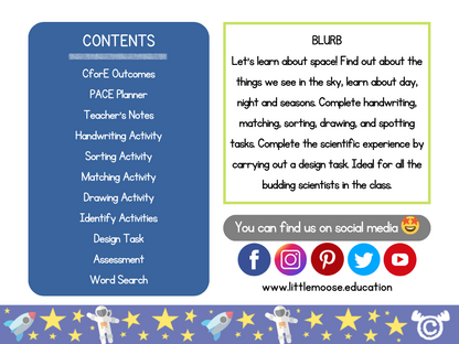 Contents page from Introducing Space Science pack at Early Level