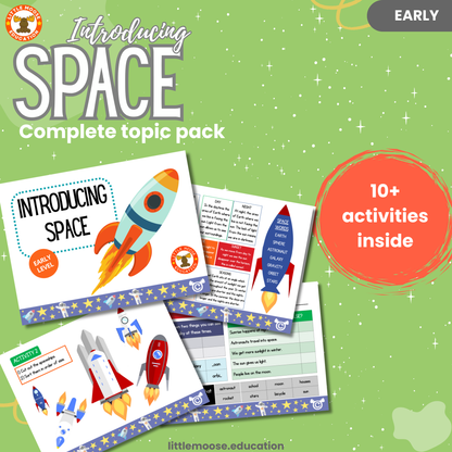 Introducing Space complete digital topic pack for Science at Early Level, Curriculum for Excellence physics and STEM education resource, with illustrated cover design and sample activity pages showing activities, experiments, teacher’s notes, wordsearch, and assessment.