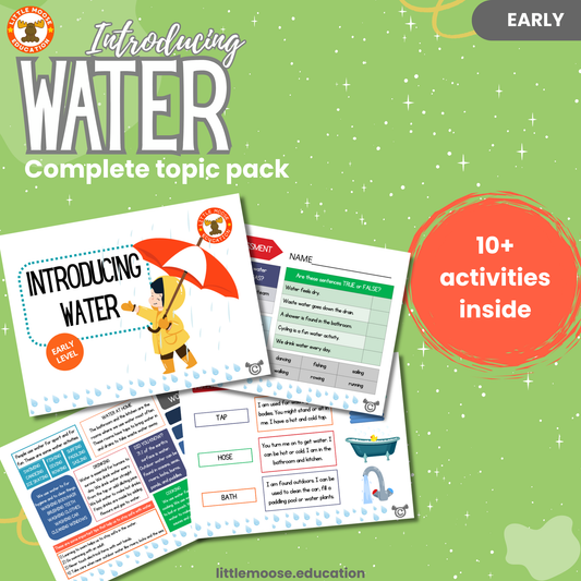 Introducing Water complete digital topic pack for Science at Early Level, Curriculum for Excellence chemistry and STEM education resource, with illustrated cover design and sample activity pages showing activities, experiments, teacher’s notes, wordsearch, and assessment.