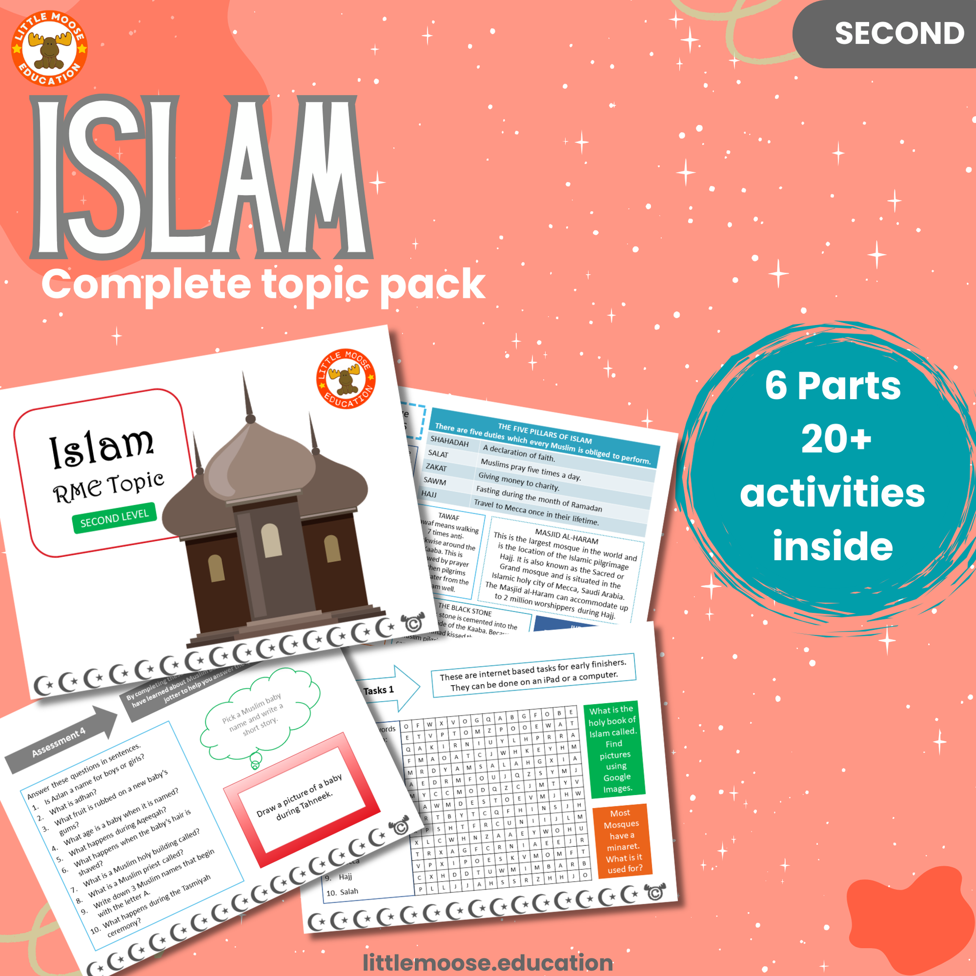 Islam complete digital topic pack for RME at Second Level, Curriculum for Excellence religion education resource, with illustrated cover design and sample activity pages showing activities, stories, teacher’s notes, assessments, extension tasks, and outcomes.