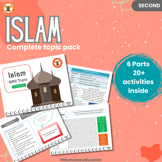 Islam complete digital topic pack for RME at Second Level, Curriculum for Excellence religion education resource, with illustrated cover design and sample activity pages showing activities, stories, teacher’s notes, assessments, extension tasks, and outcomes.