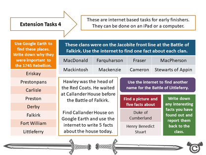 Extension tasks from Jacobites Social Studies pack, Second Level