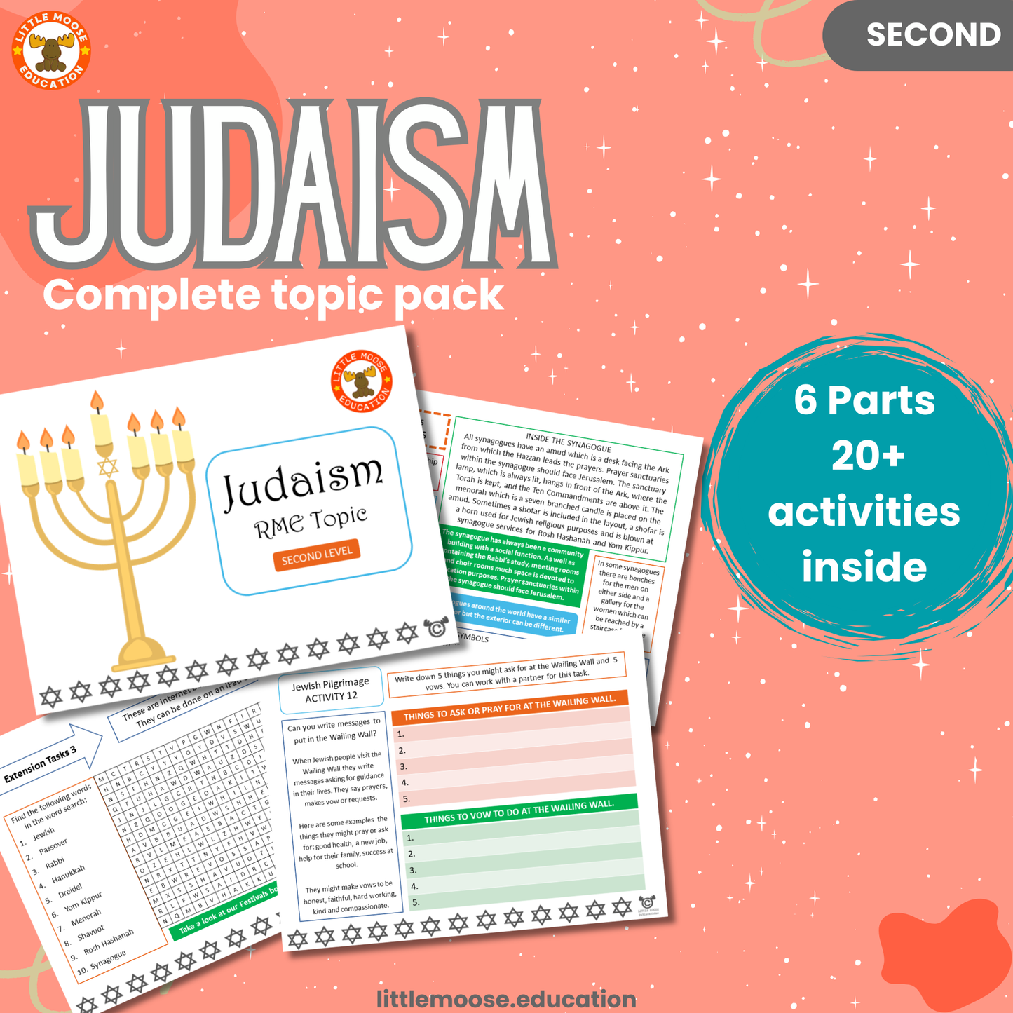 Judaism complete digital topic pack for RME at Second Level, Curriculum for Excellence religion education resource, with illustrated cover design and sample activity pages showing activities, stories, teacher’s notes, assessments, extension tasks, and outcomes.