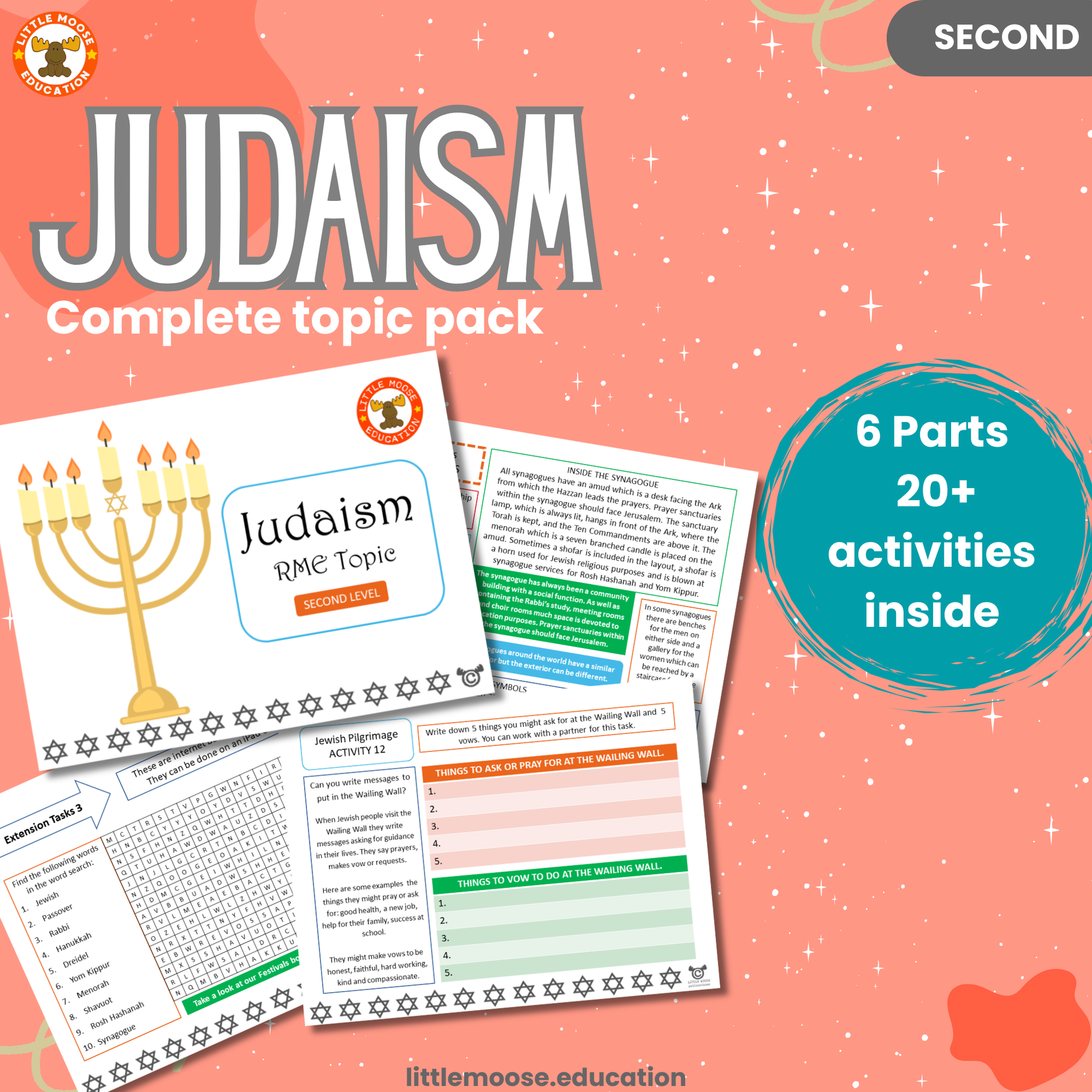 Judaism complete digital topic pack for RME at Second Level, Curriculum for Excellence religion education resource, with illustrated cover design and sample activity pages showing activities, stories, teacher’s notes, assessments, extension tasks, and outcomes.