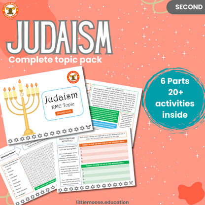 Judaism complete digital topic pack for RME at Second Level, Curriculum for Excellence religion education resource, with illustrated cover design and sample activity pages showing activities, stories, teacher’s notes, assessments, extension tasks, and outcomes.