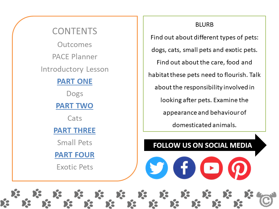 Contents page from Keeping Pets Social Studies pack at Early Level