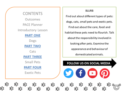 Contents page from Keeping Pets Social Studies pack at Early Level
