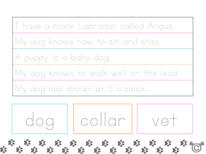 Handwriting activity from Keeping Pets Social Studies pack, Early Level