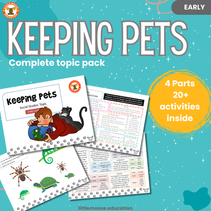 Keeping Pets complete digital topic pack for Social Studies at Early Level, Curriculum for Excellence society education resource, with illustrated cover design and sample activity pages showing sorting, drawing, matching, handwriting, teacher’s notes, assessment, and wordsearch.