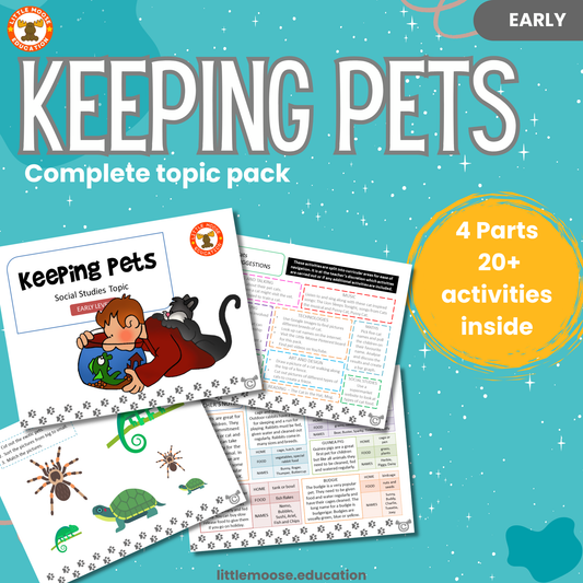 Keeping Pets complete digital topic pack for Social Studies at Early Level, Curriculum for Excellence society education resource, with illustrated cover design and sample activity pages showing sorting, drawing, matching, handwriting, teacher’s notes, assessment, and wordsearch.