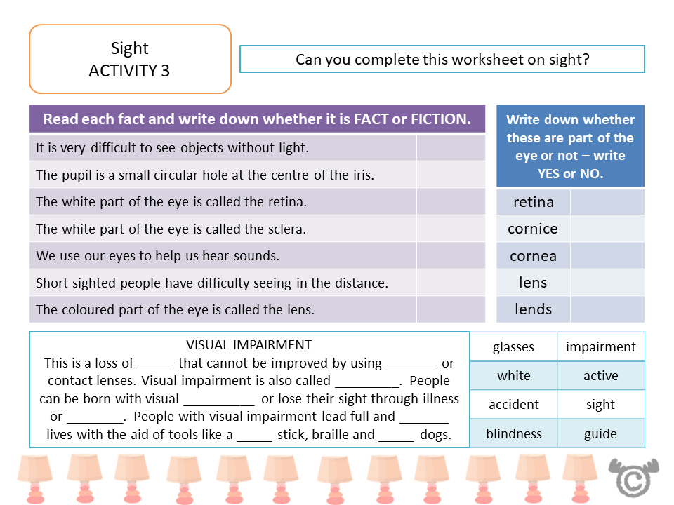 Worksheet activity from Light Science pack, Second Level