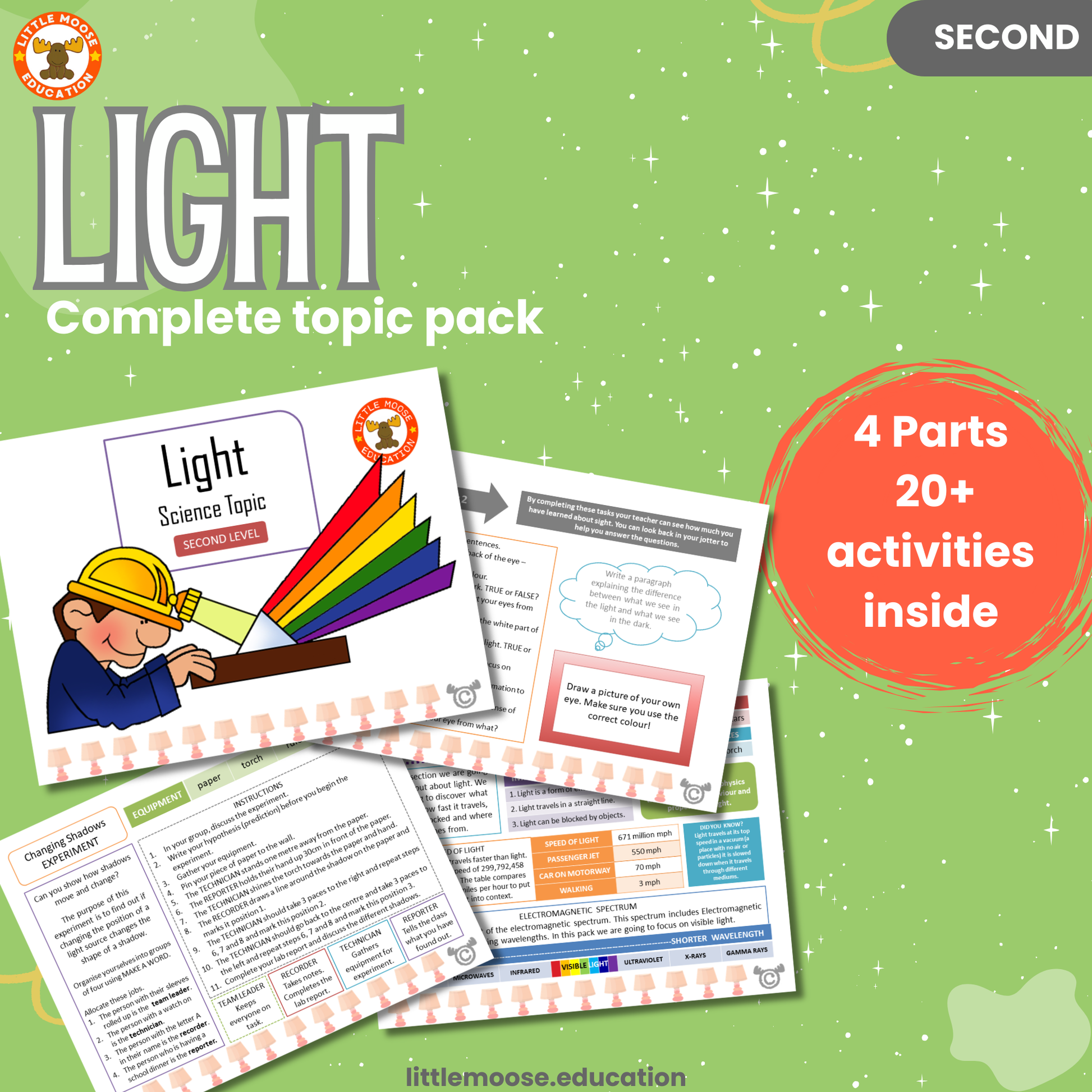 Light complete digital topic pack for Science at Second Level, Curriculum for Excellence physics and STEM education resource, with illustrated cover design and sample activity pages showing experiments, activities, teacher’s notes, assessments, extension tasks, and outcomes.