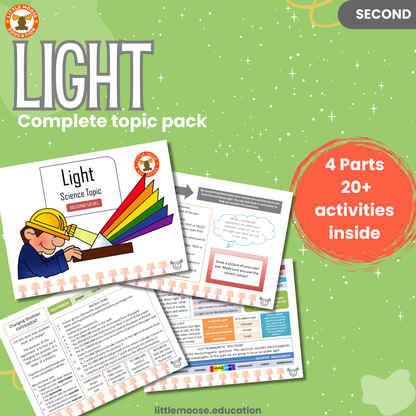 Light complete digital topic pack for Science at Second Level, Curriculum for Excellence physics and STEM education resource, with illustrated cover design and sample activity pages showing experiments, activities, teacher’s notes, assessments, extension tasks, and outcomes.