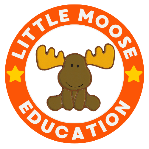 Little Moose Education round logo featuring a cartoon moose in the centre