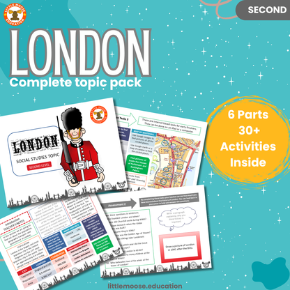 London complete digital topic pack for Social Studies at Second Level, Curriculum for Excellence history, geography and heritage education resource, with illustrated cover design and sample activity pages showing activities, teacher’s notes, assessments, and extension tasks.