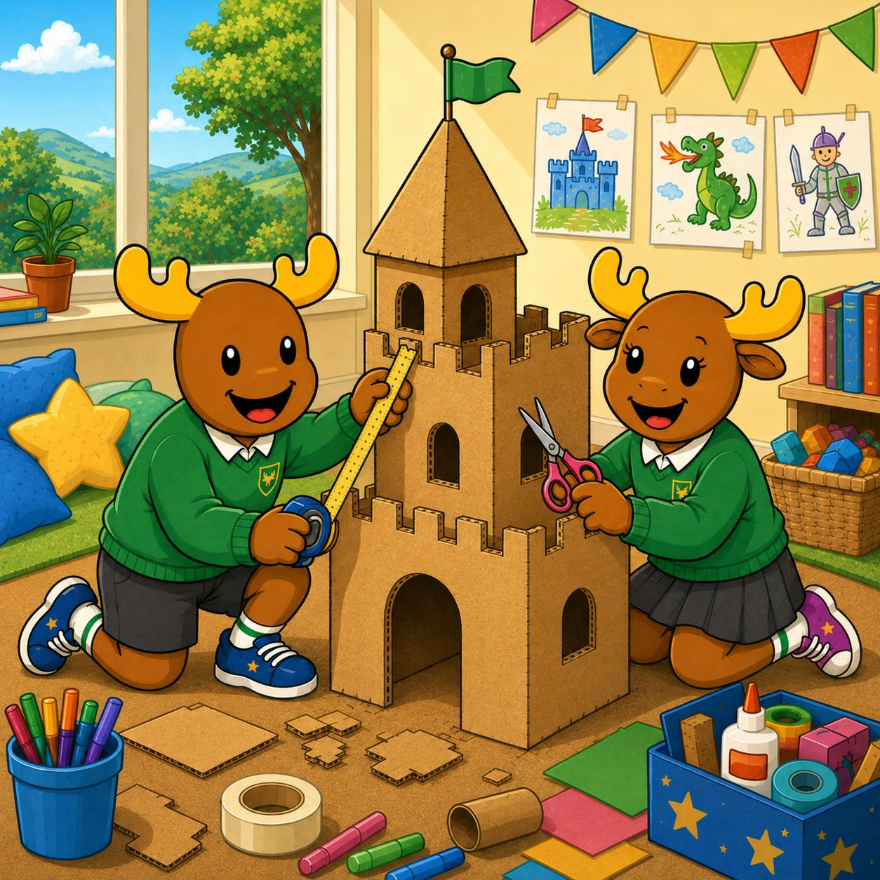 A colorful cartoon illustration of Mac and Macy moose dressed in green sweaters and gray skirts building a cardboard castle in a playroom. One child is holding a yellow ruler, and the other is holding pink scissors.
