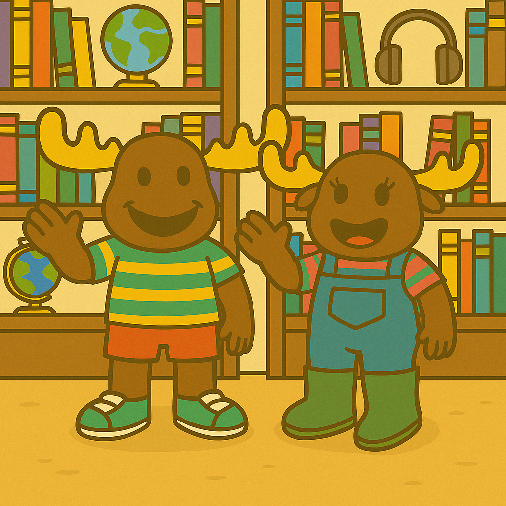 Two cartoon moose characters, Mac and Macy, standing in a library surrounded by books, representing reading and research