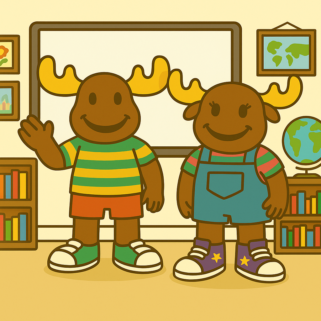 Cartoon moose characters Mac and Macy standing and smiling in a colourful classroom with a smart board, bookshelves, a globe, and pictures on the wall. Mac wears a striped T-shirt and shorts, and Macy wears blue overalls and purple trainers with yellow stars.