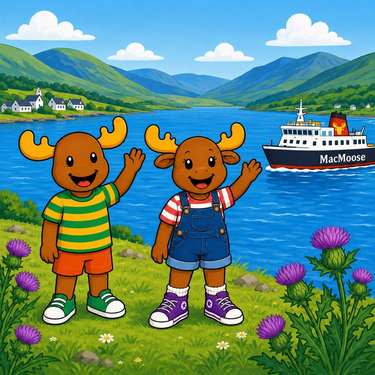 My Area. A colourful cartoon-style landscape scene with Mac and Macy moose standing on grassy shore by a blue lake, with mountains, clouds, a small village, and a boat labeled MacMoose in the background.